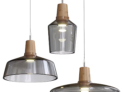 Three Modern Pendant Lamps with Wooden Tops and Transparent Glass Shades 3d model