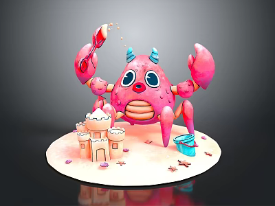 Cute Pink Cartoon Crab Figure With Sandcastle And Blue Bucket On Beach Base 3d model