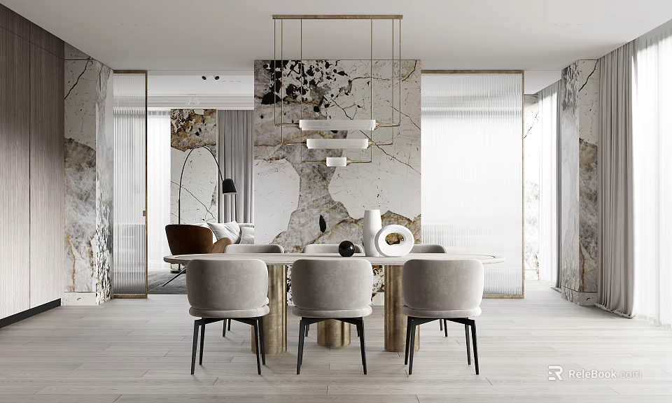 Elegant Modern Dining Table Set With Round Table Marble Walls And Chandelier 3d model