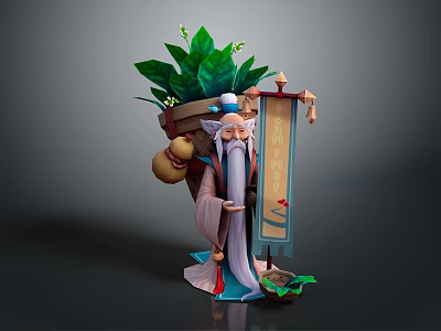 Oriental Traditional Elderly Game Movie Character With Long Beard Carrying Bag Holding Scroll Green Plants 3d model