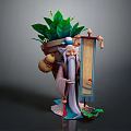 Oriental Traditional Elderly Game Movie Character With Long Beard Carrying Bag Holding Scroll Green Plants