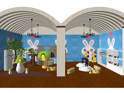 Children's Clothing Store Interior With Bunny Wallpaper Mushroom Decor And Display Shelves 3d model