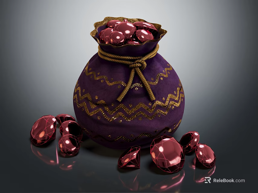 Elegant Red Gemstones In Purple Decorative Bag With Gold Patterns And Scattered Stones 3d model 