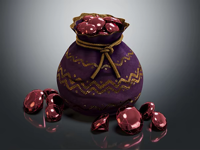 Elegant Red Gemstones In Purple Decorative Bag With Gold Patterns And Scattered Stones 3d model