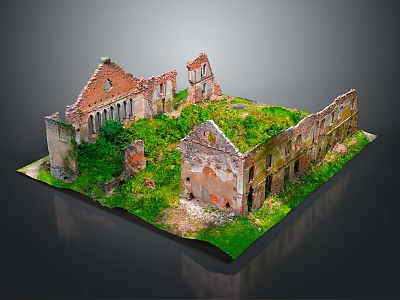 Scenic Ruined Building Model With Overgrown Grass Broken Walls And Arched Structures 3d model