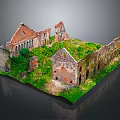 Scenic Ruined Building Model With Overgrown Grass Broken Walls And Arched Structures