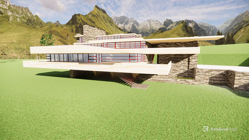 Modern Office Building With Large Windows Mountain View And Green Grass 3d model 