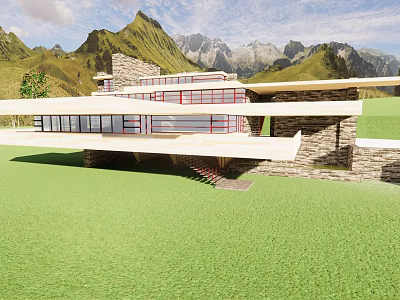 Modern Office Building With Large Windows Mountain View And Green Grass 3d model