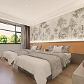Modern Hotel Guest Room With Two Beds Tree Patterned Wallpaper And Wooden Flooring