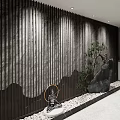 Elegant Hotel Corridor With Ink Mountain Painting Wooden Doors And Recessed Lighting