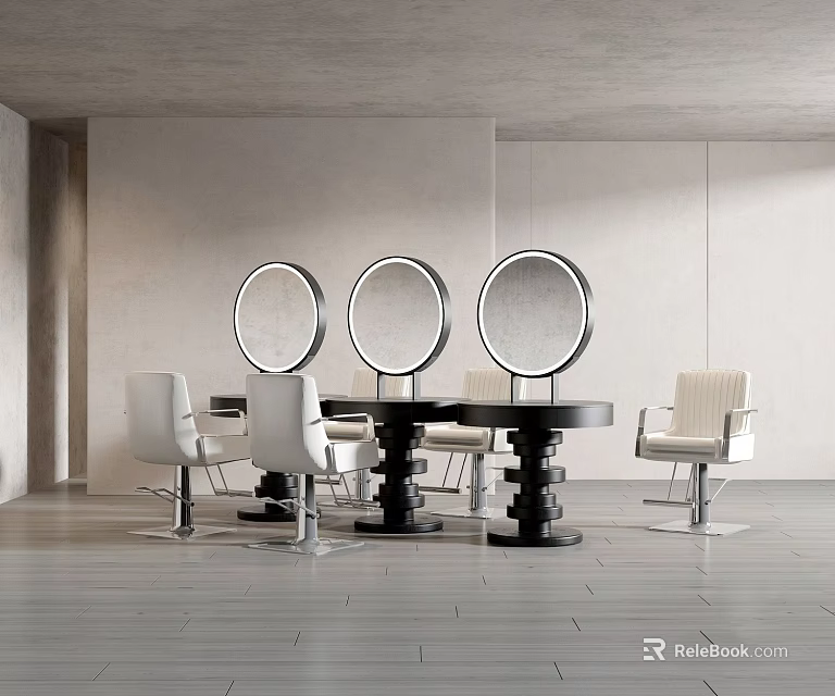 Modern Dining Table And Chairs Set With Round Mirrors In Minimalist Interior Space 3d model 