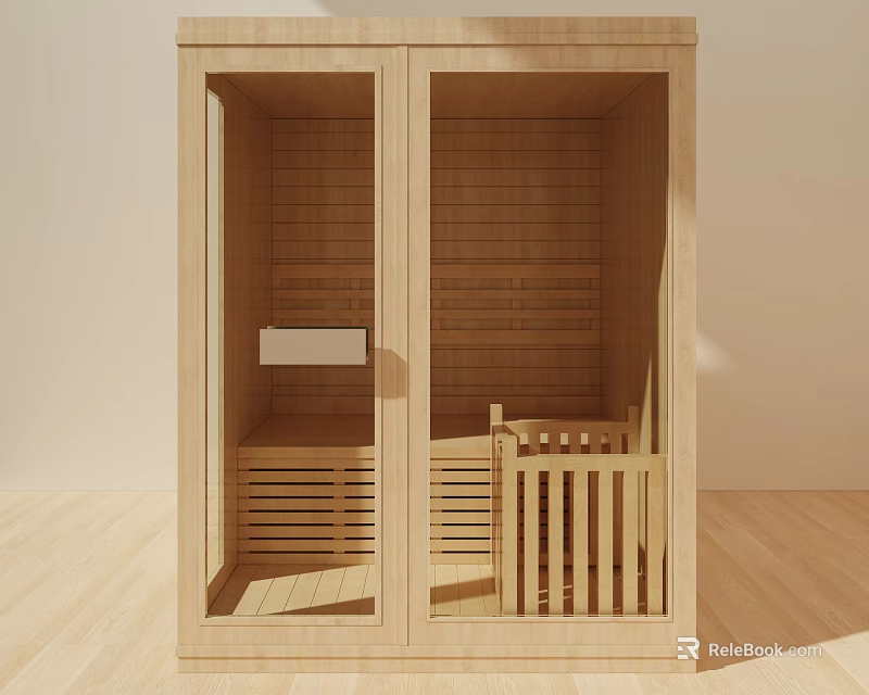 Wooden Shower Sauna Interior Design With Double Doors And Seats 3d model 