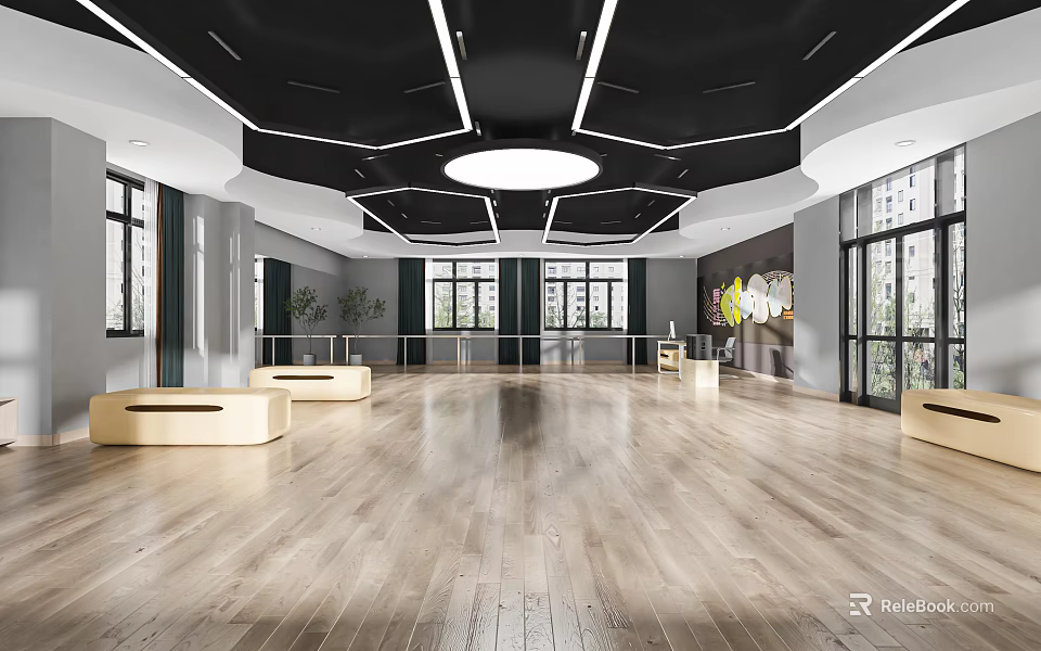 Modern Fitness Studio With Spacious Interior Wooden Flooring And Exercise Equipment For Workouts 3d model 