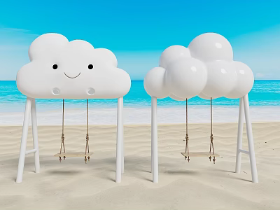 Cloud Shaped Swings With Smiling Face And Round Design On Seaside Beach 3d model