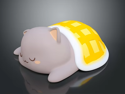 Cute Gray Cat Cartoon Character With Yellow Checkered Back Cover Sleeping Peacefully On Shiny Surface 3d model