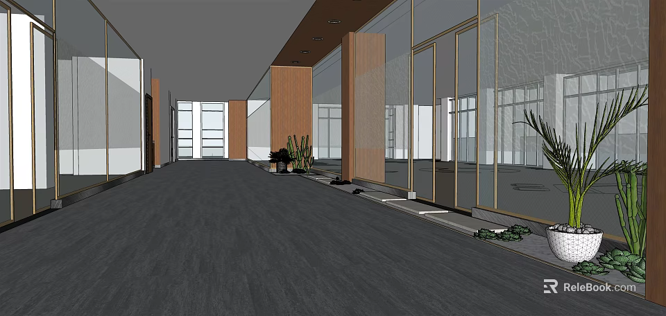 Modern Office Corridor With Glass Doors Wooden Walls Green Plants And Gray Flooring 3d model 