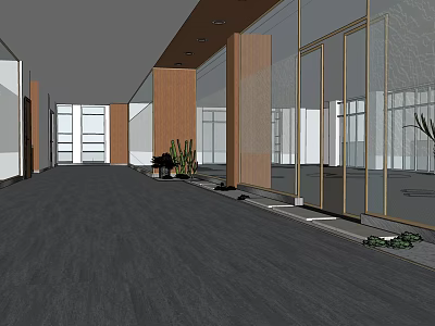 Modern Office Corridor With Glass Doors Wooden Walls Green Plants And Gray Flooring 3d model