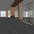 Modern Office Corridor With Glass Doors Wooden Walls Green Plants And Gray Flooring