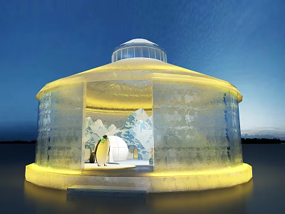 Illuminated Ice Dome Structure With Penguin And Iceberg Interior At Night 3d model