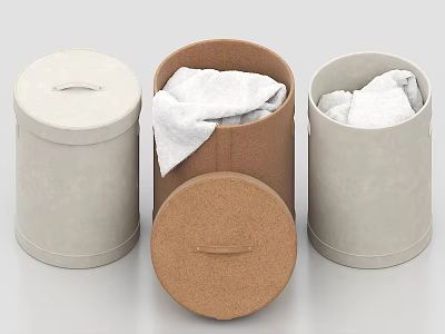 Round Storage Bins with Beige and Brown Lids for White Towels Home Organization 3d model