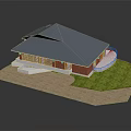 Single Family House With Gray Roof Red Walls Green Lawn And Sandy Ground