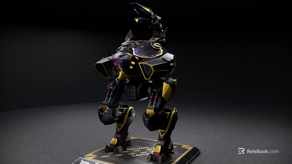 Smart Machine With Black And Gold Mechanical Design Red Illuminated Eyes And Display Stand 3d model 