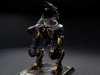 Smart Machine With Black And Gold Mechanical Design Red Illuminated Eyes And Display Stand 3d model