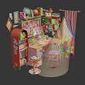 Cartoon Style Room Scene With Red Bookshelf Desk Chair And Decorative Items