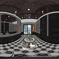 Hallway Interior Design With Black And White Checkered Floor Green Walls Arched Doorways Glass Case