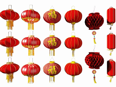 Red Lantern Wall Decor With Various Fortune Characters And Tassel Designs 3d model