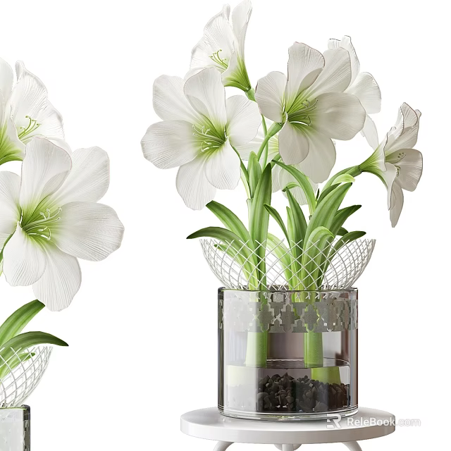 White Flowers In Transparent Glass Vase With Mesh Decor And Green Stems 3d model 