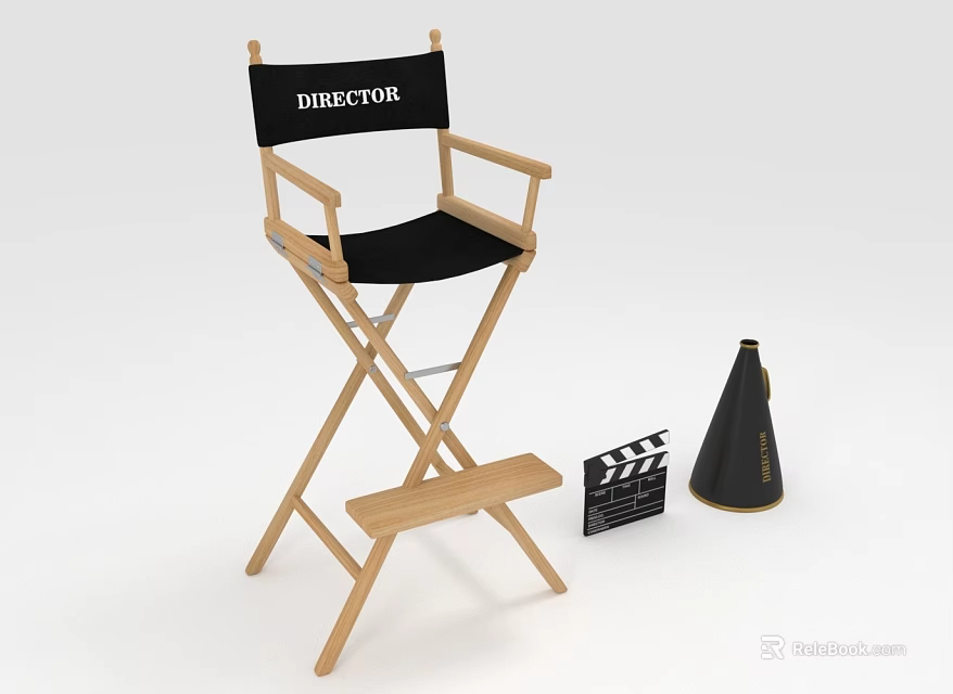 Wooden Director Armchair in Film Set with Black Seat Clapperboard and Megaphone 3d model 