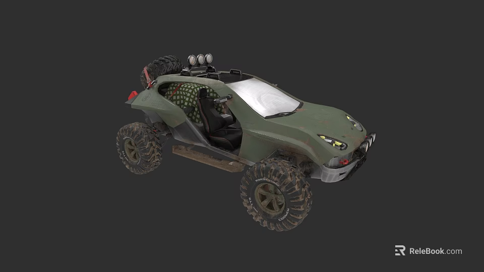 Green Off Road Vehicle With Large Rugged Tires And Roof Mounted Spotlights 3d model 