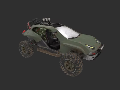 Green Off Road Vehicle With Large Rugged Tires And Roof Mounted Spotlights 3d model