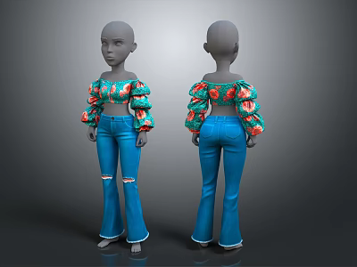 3D Model Wearing Off Shoulder Top Puffed Sleeves Floral Pattern Blue Flared Ripped Jeans 3d model