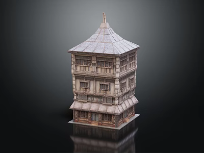 Ancient Style Multi Story Tower Model With Pointed Roof And Wooden Windows 3d model