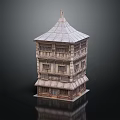 Ancient Style Multi Story Tower Model With Pointed Roof And Wooden Windows