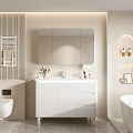 Modern White Bathroom Cabinet With Mirror Sink Lighted Niche And Decor