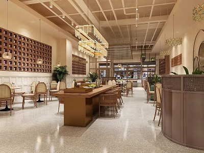 Modern Restaurant Interior With Wooden Lattice Walls Hanging Pendant Lights And Long Wooden Table 3d model