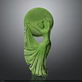 Green Female Sculpture With Flowing Dress And Circular Handheld Object Design