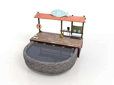 Wooden Waterfront Stall With Red Roof Fish Sign Lifebuoy And Stone Pond 3d model