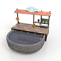 Wooden Waterfront Stall With Red Roof Fish Sign Lifebuoy And Stone Pond