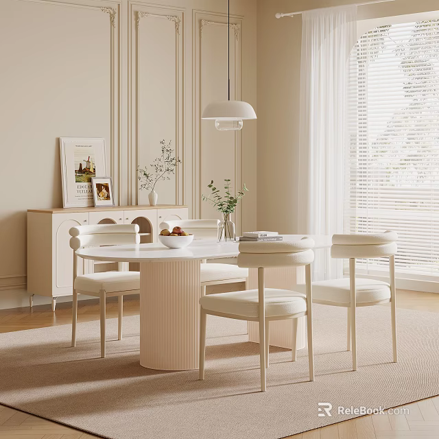 Minimalist Modern Dining Set With White Table Chairs Pendant Light And Beige Cabinet 3d model 