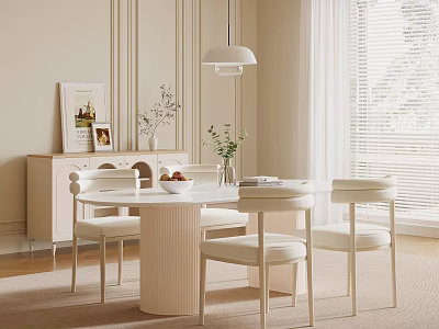 Minimalist Modern Dining Set With White Table Chairs Pendant Light And Beige Cabinet 3d model