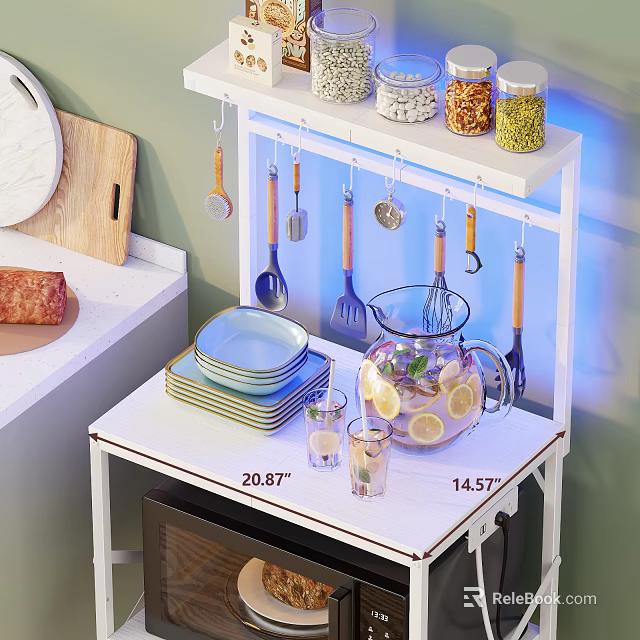 Practical Kitchen Shelf with Hanging Utensils Jars Plates and Lemon Water Pitcher 3d model 