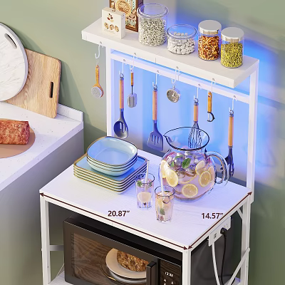 Practical Kitchen Shelf with Hanging Utensils Jars Plates and Lemon Water Pitcher 3d model