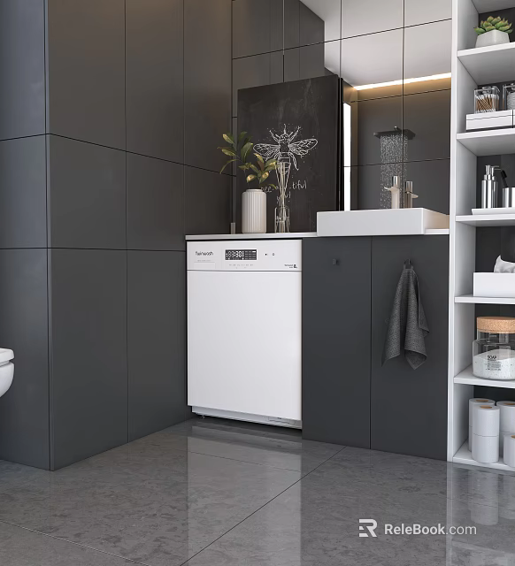 Modern Bathroom Washbasin With Dishwasher Dark Wall Plant Towel And Open Shelves 3d model 