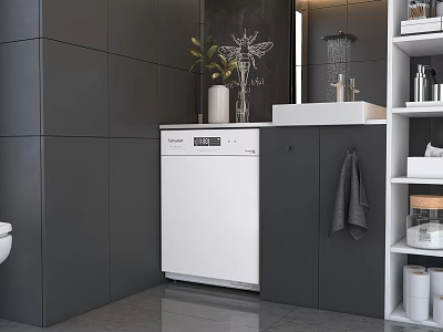 Modern Bathroom Washbasin With Dishwasher Dark Wall Plant Towel And Open Shelves 3d model