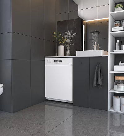 Modern Bathroom Washbasin With Dishwasher Dark Wall Plant Towel And Open Shelves 3d model