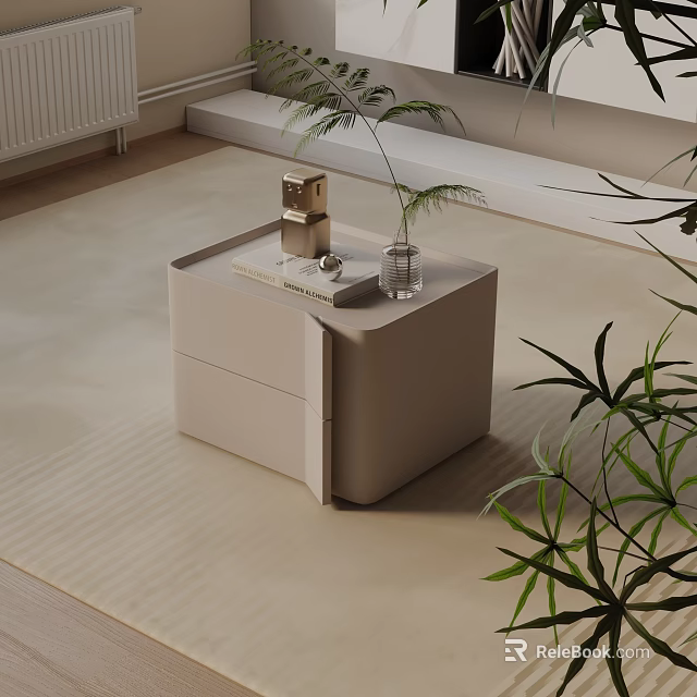 Modern Light Beige Bedside Table With Drawer Plant Vase Book And Green Decor 3d model 
